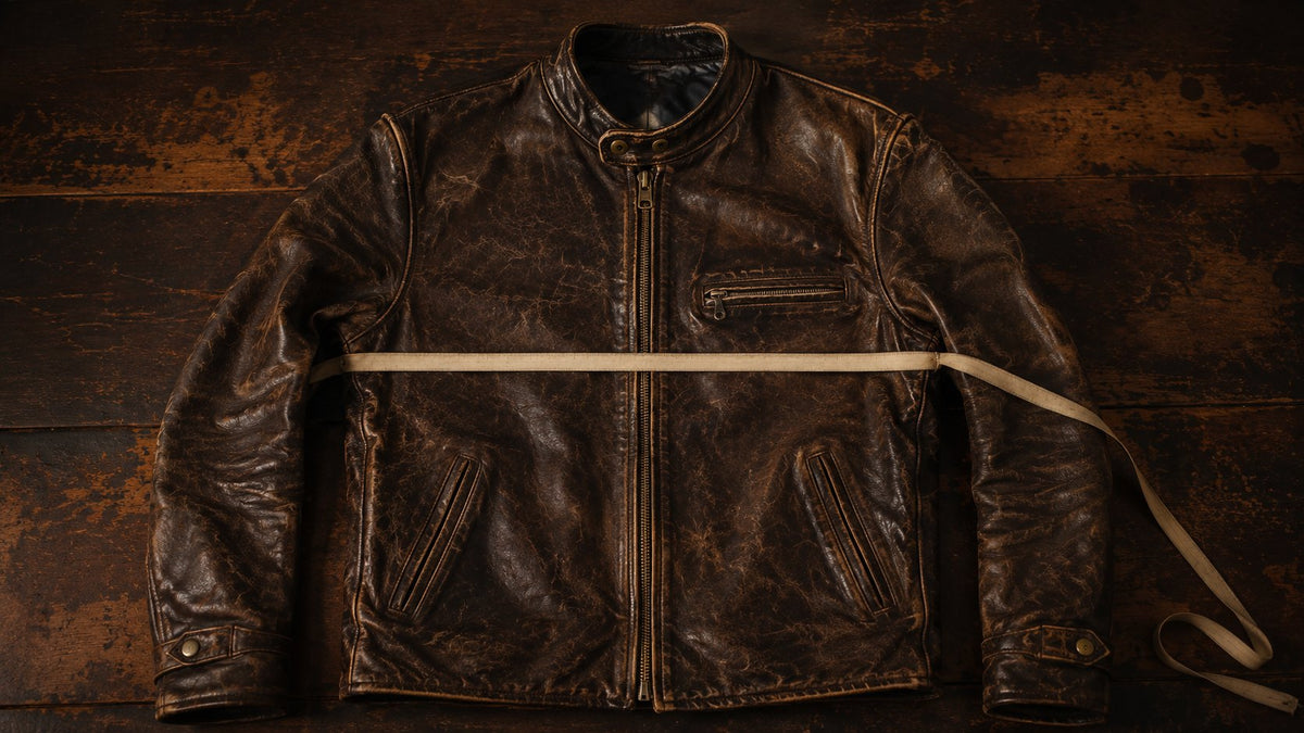 Vintage brown leather jacket laid flat with a tape measure across the chest from armpit seam to armpit seam