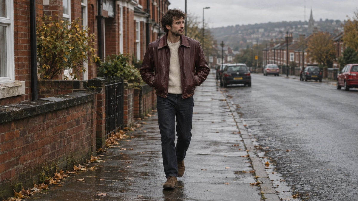 Man wearing a vintage burgundy leather harrington jacket with a cream knit and dark jeans on an autumn street