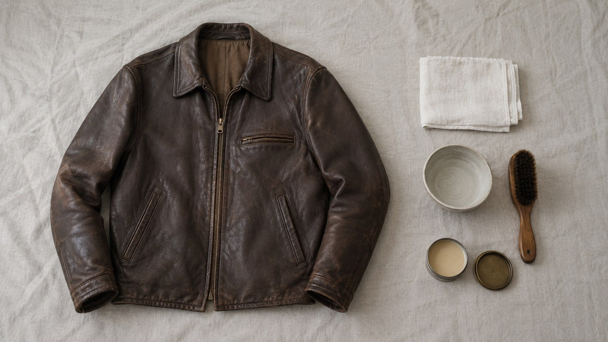 Vintage brown leather jacket laid flat beside a cloth, a bowl of water, a brush and a tin of conditioner