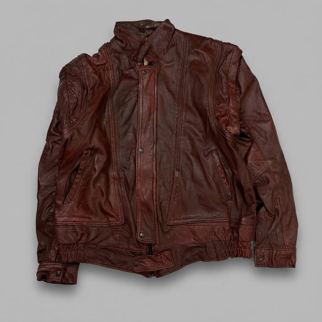 Burgundy leather flight jacket, size L, shown flat from the front. Snap Tab Stand Collar.
