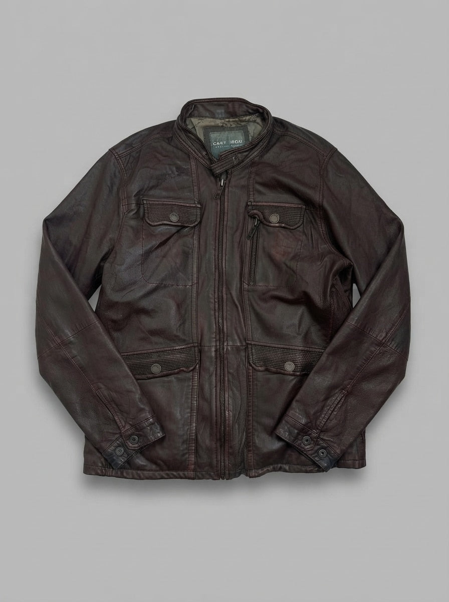 Burgundy leather field jacket, size L, shown flat from the front. Four Flap Pockets.