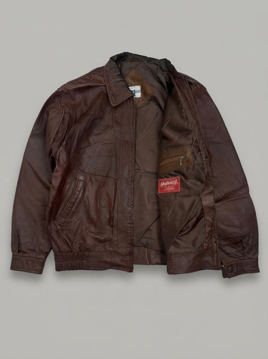 Burgundy leather harrington jacket, size XL, shown flat from the front. Snap Cuffs.