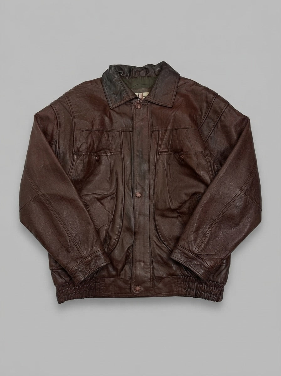 Burgundy leather flight jacket, size L, shown flat from the front. Snap storm flap front.