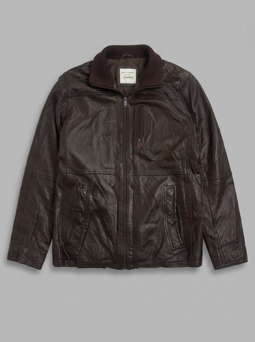 Brown leather vintage jacket, size L, shown flat from the front. Ribbed knit collar.