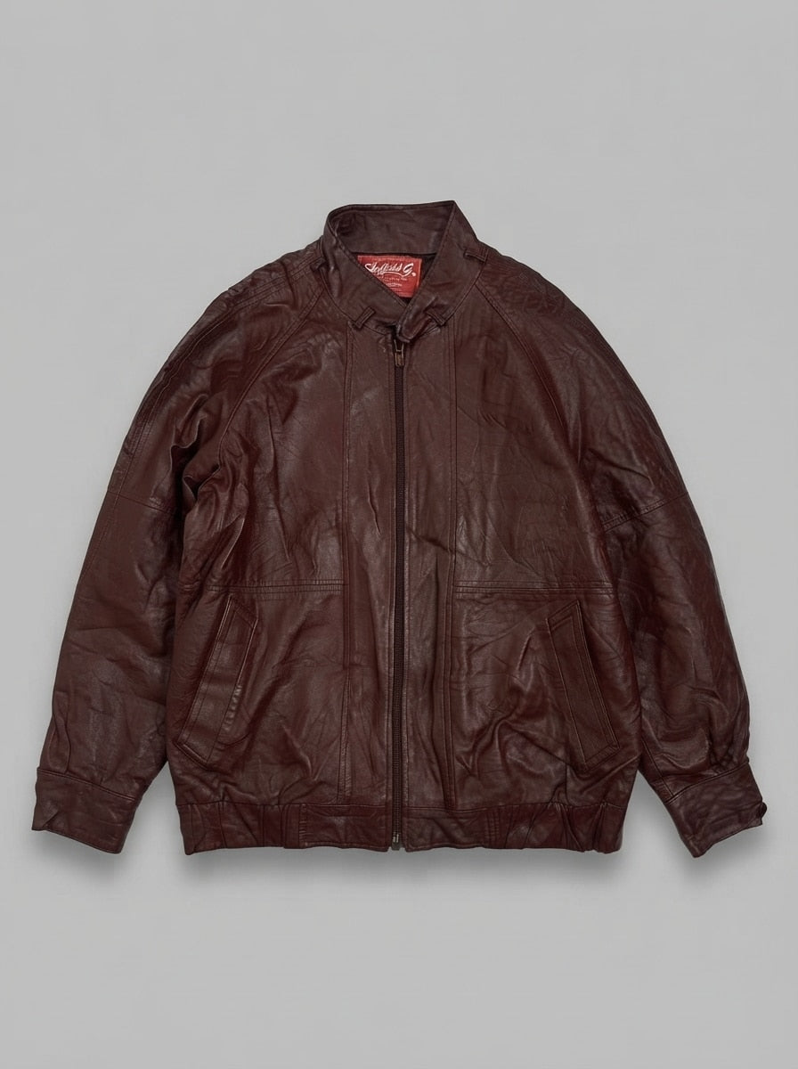Burgundy leather harrington jacket, size L, shown flat from the front. Tab and loop collar.