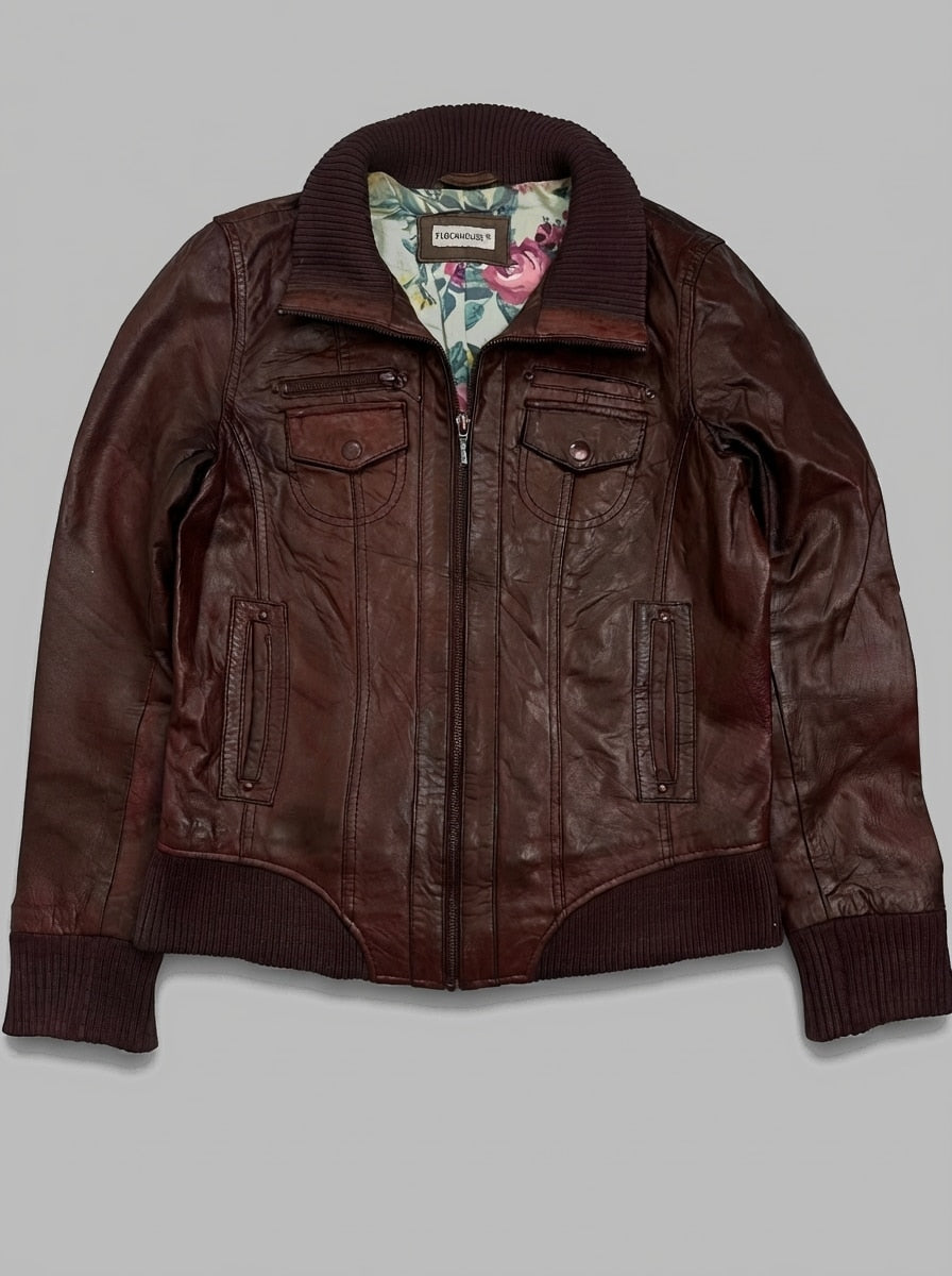 Burgundy leather bomber jacket, size M, shown flat from the front. Floral print lining.