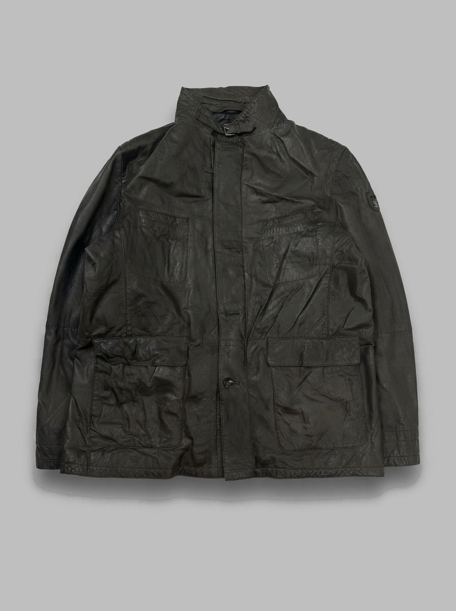 Brown leather field jacket, size XL, shown flat from the front. Buckle Strap Collar.