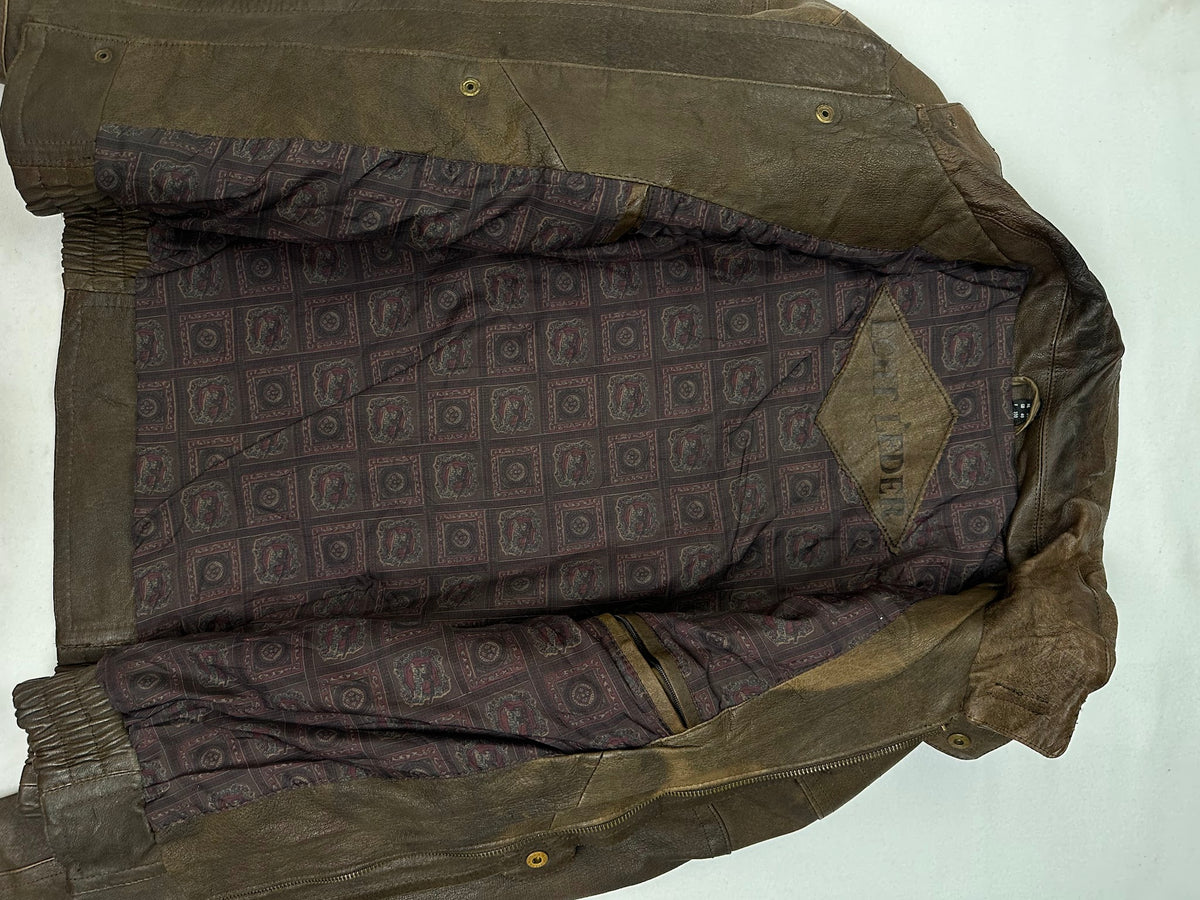 Interior of the brown flight jacket shown open at the front