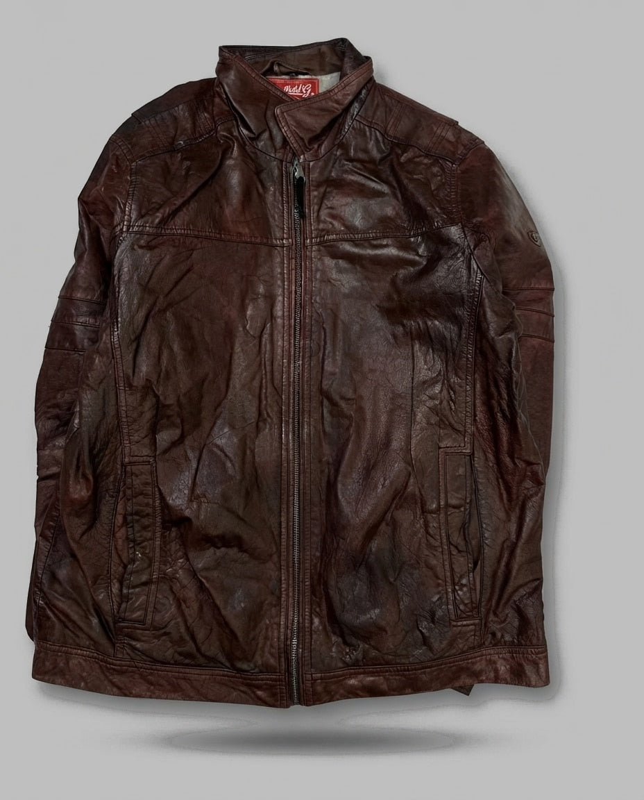 Burgundy leather vintage jacket, size L, shown flat from the front. Snap Tab Hem.