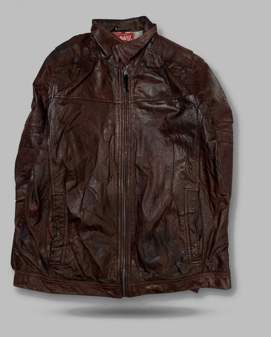 Burgundy leather vintage jacket, size L, shown flat from the front. Snap Tab Hem.