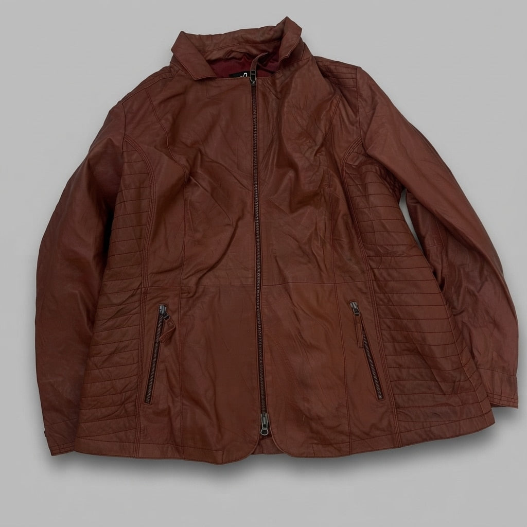 Burgundy leather vintage jacket, size XL, shown flat from the front. Quilted Side Panels.