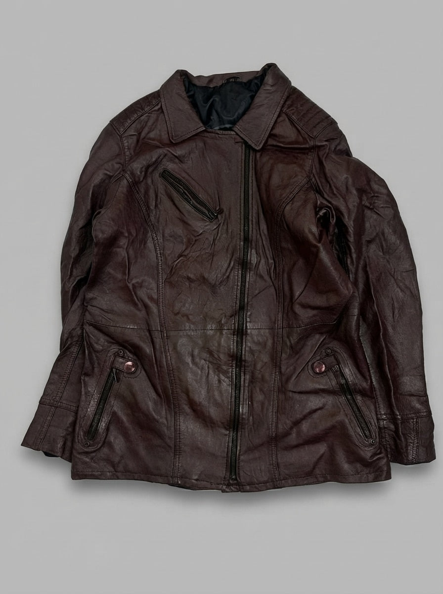 Burgundy leather biker jacket, size M, shown flat from the front. Asymmetric Zip Front.