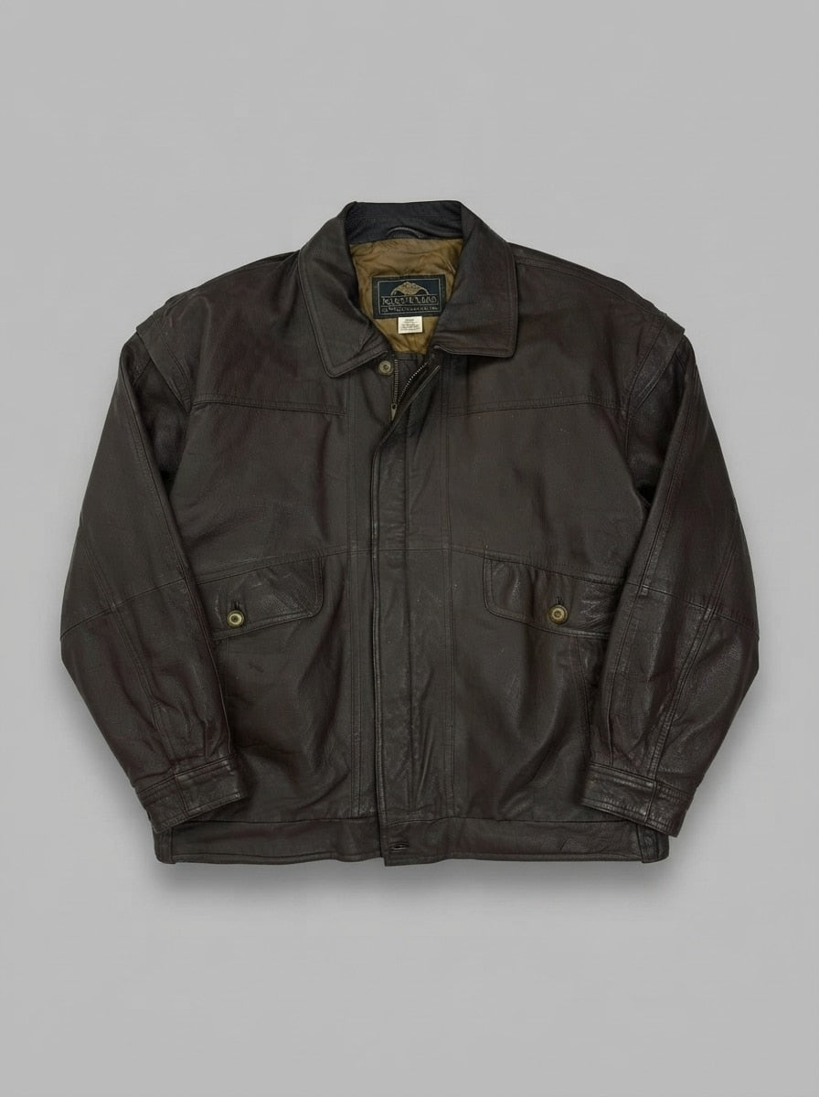 Brown leather harrington jacket, size XL, shown flat from the front. Gold quilted lining.