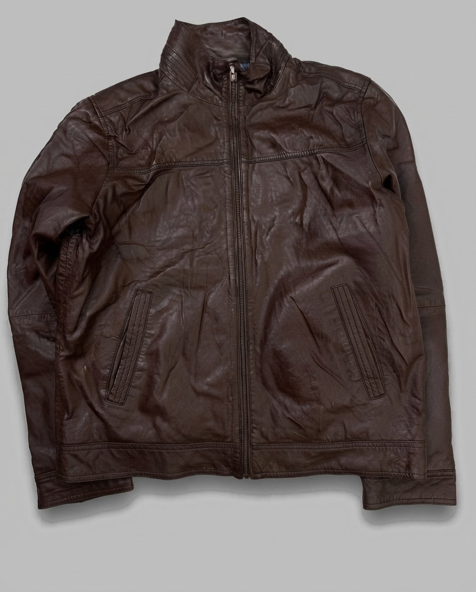 Burgundy leather cafe racer jacket, size L, shown flat from the front. Quilted Chambray Lining.