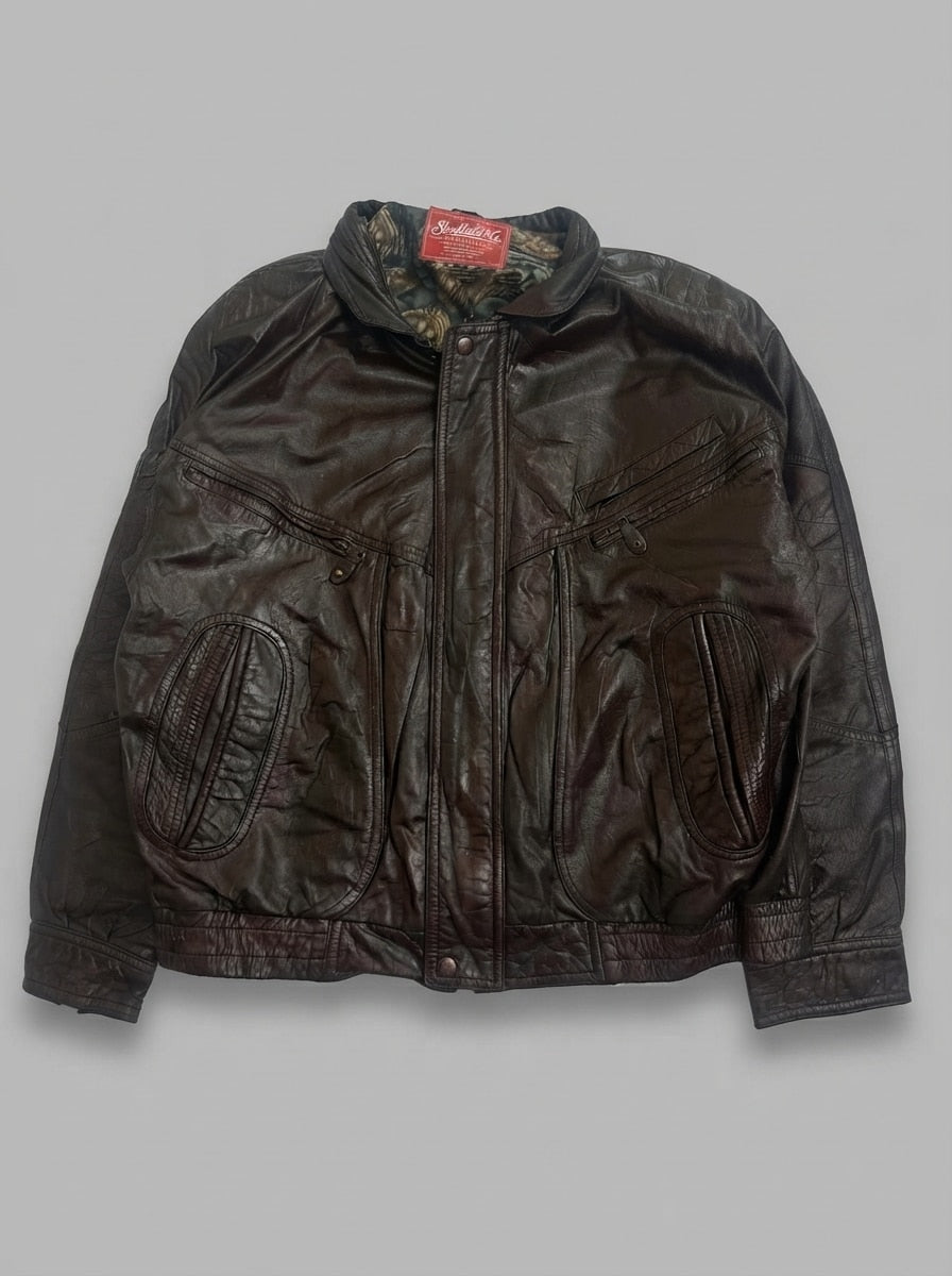 Brown leather harrington jacket, size L, shown flat from the front. Four pocket front.