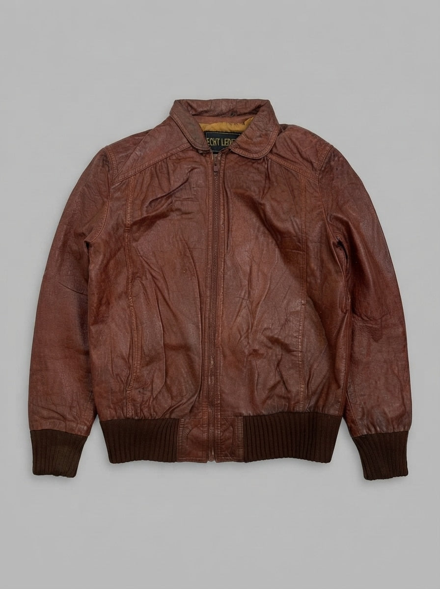 Burgundy leather flight jacket, size XS, shown flat from the front. Ribbed cuffs and hem.