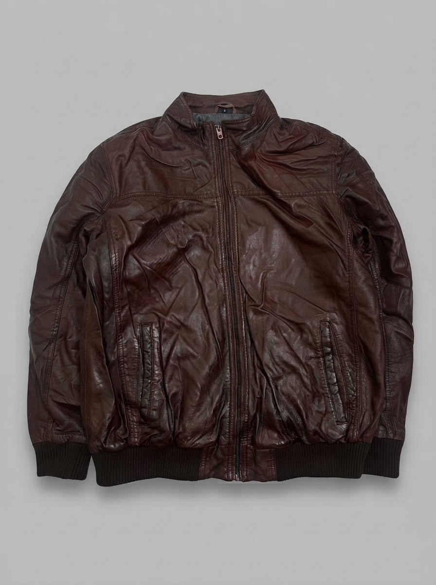 Burgundy leather bomber jacket, size XL, shown flat from the front. Ribbed Knit Hem.