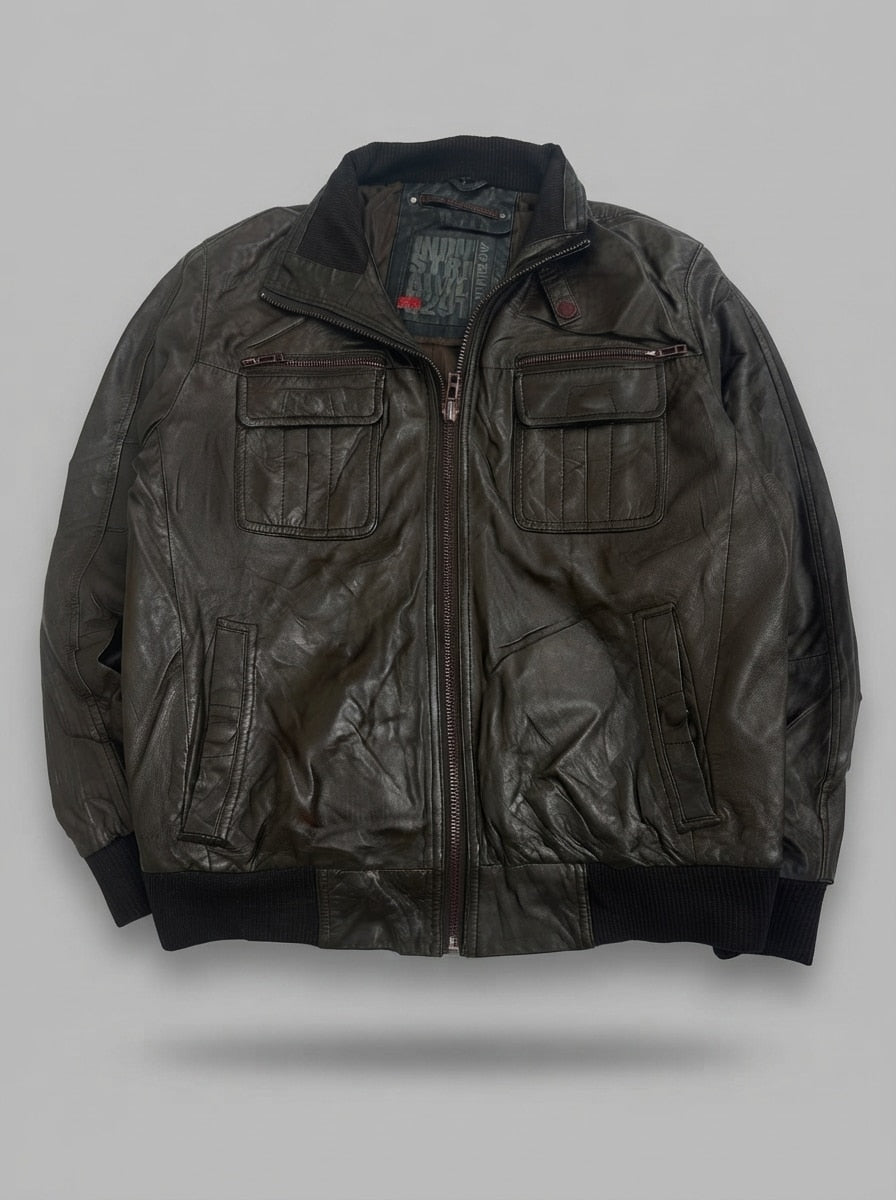 Brown leather bomber jacket, size L, shown flat from the front. Ribbed knit collar.