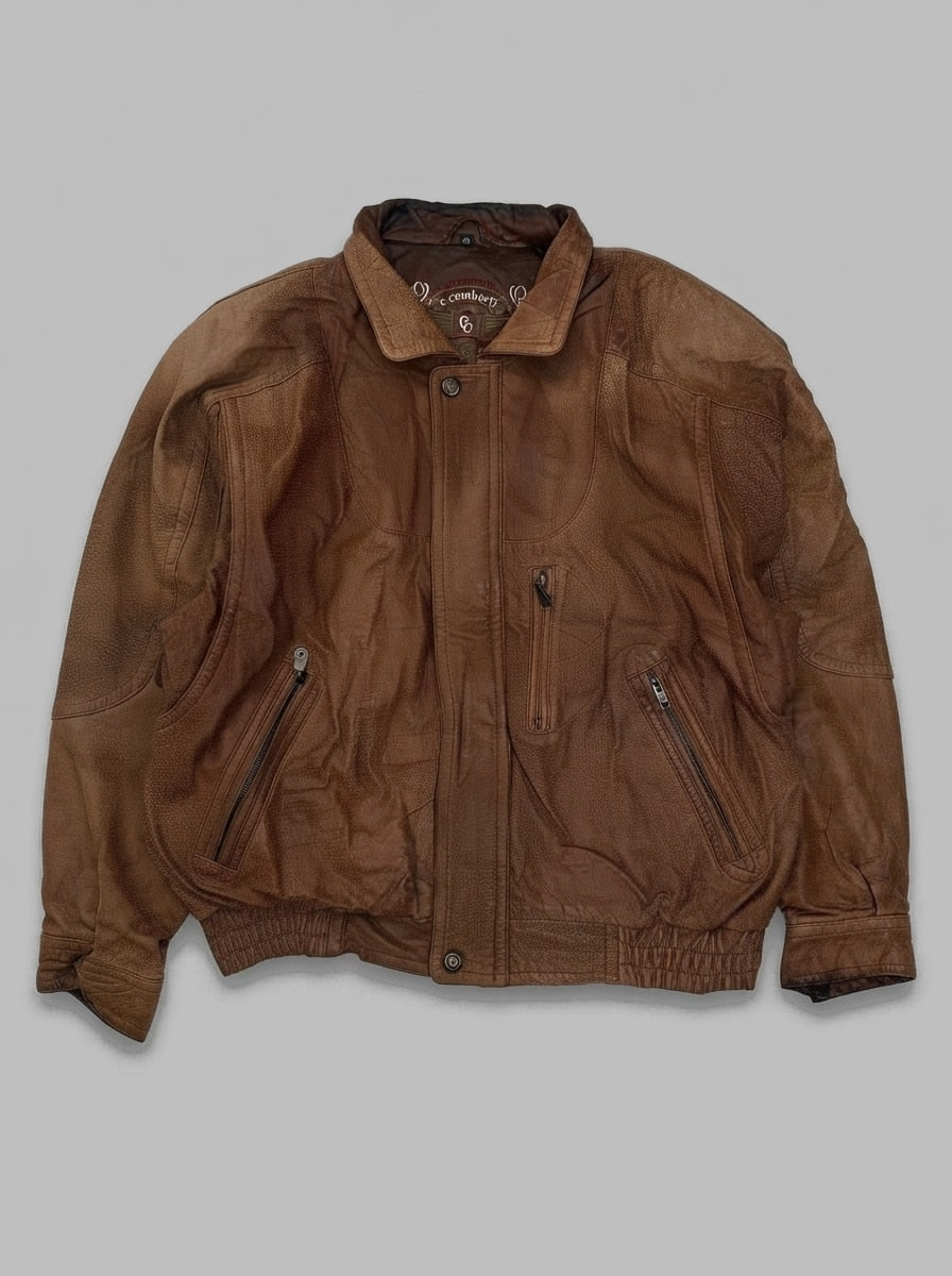 Brown leather harrington jacket, size XL, shown flat from the front. Shirred leather waistband.