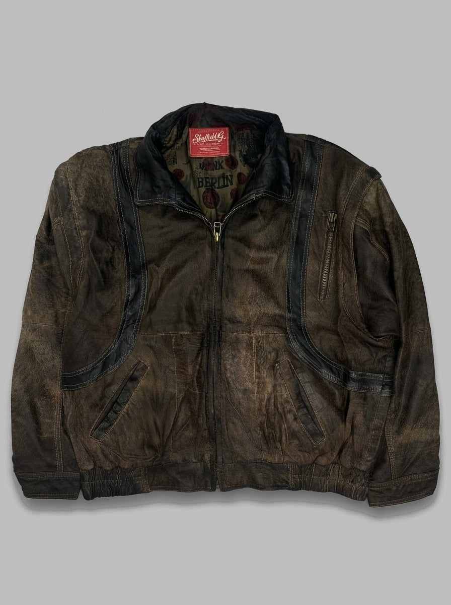 Brown leather harrington jacket, size L, shown flat from the front. Fold-down leather collar.