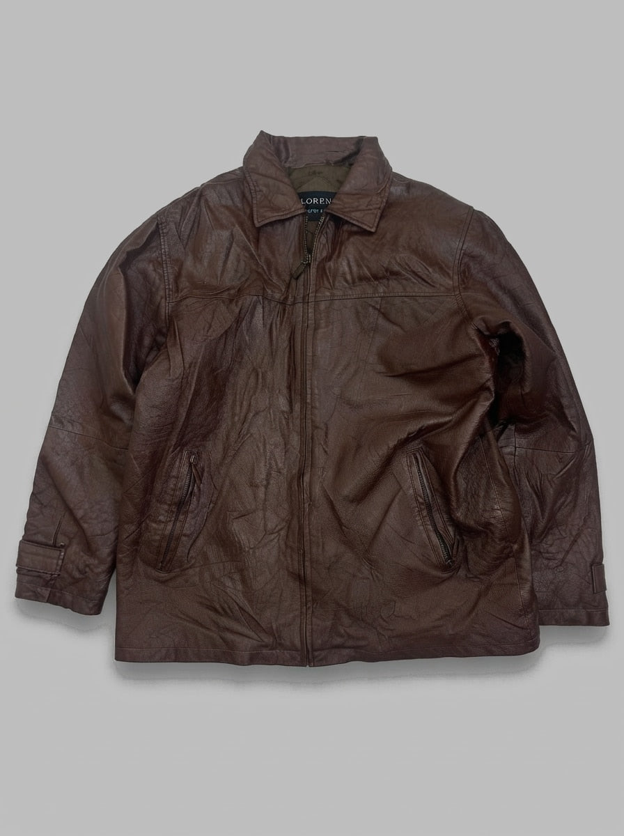 Burgundy leather vintage jacket, size L, shown flat from the front. Cuff Tab Straps.