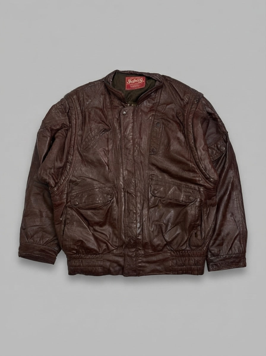 Burgundy leather flight jacket, size L, shown flat from the front. Sleeve utility pocket.