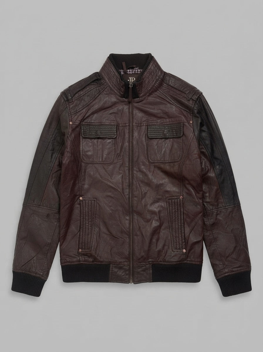 Burgundy leather bomber jacket, size L, shown flat from the front. Quilted Chest Pockets.