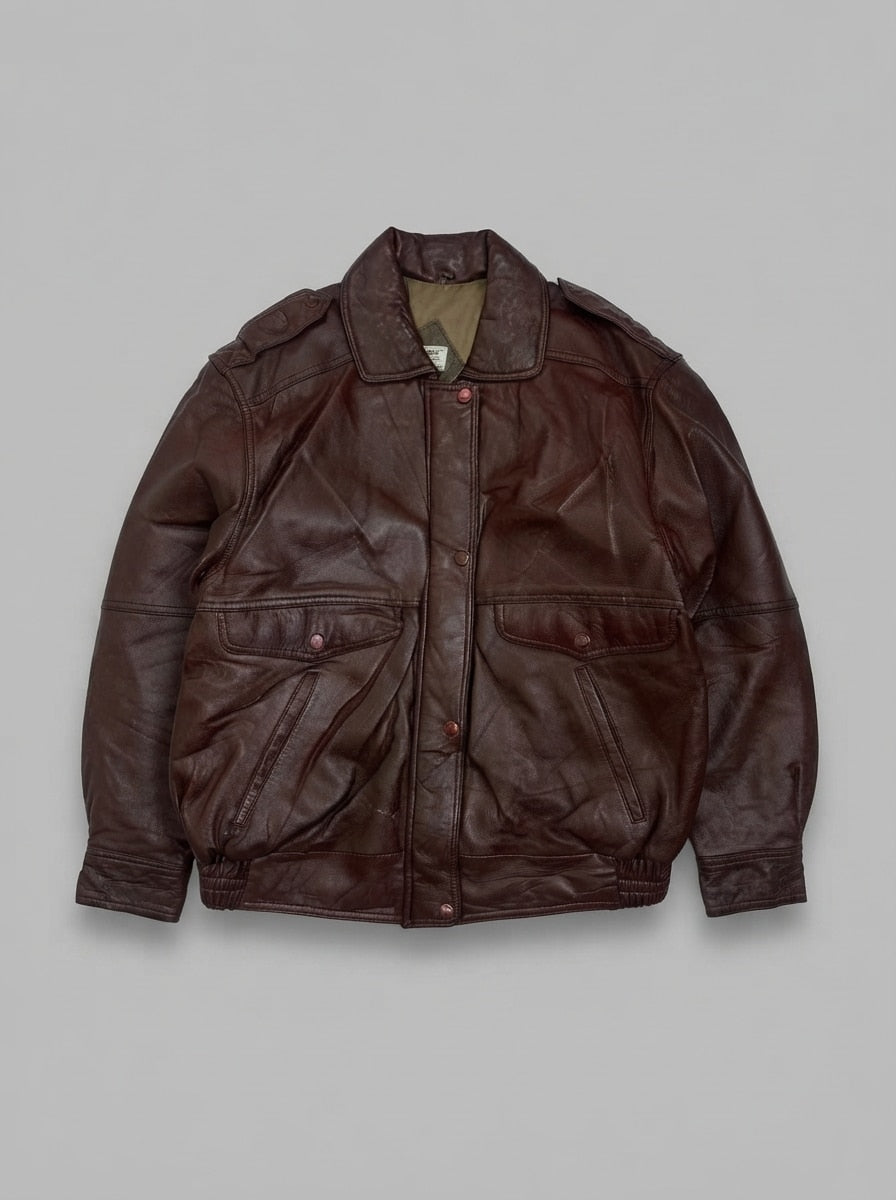Burgundy leather flight jacket, size L, shown flat from the front. Epaulette Shoulders.