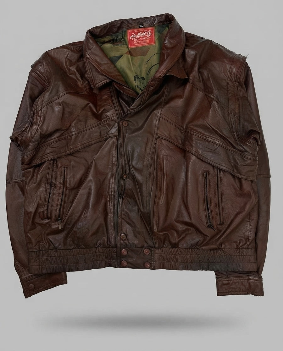Burgundy leather flight jacket, size XL, shown flat from the front. Pointed Chest Yoke Panels.