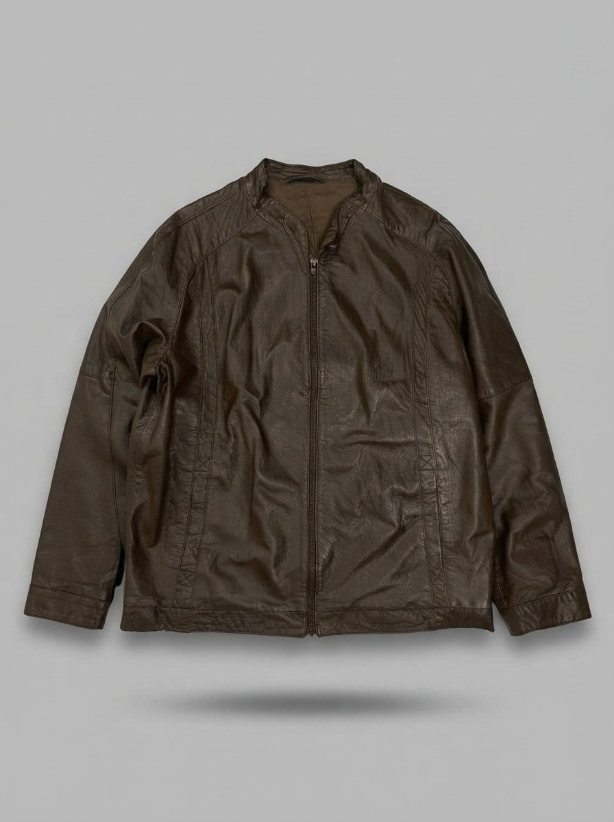 Brown leather cafe racer jacket, size L, shown flat from the front. Mandarin stand collar.