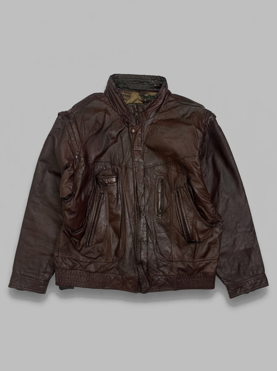 Burgundy leather flight jacket, size L, shown flat from the front. Drawcord Collar.
