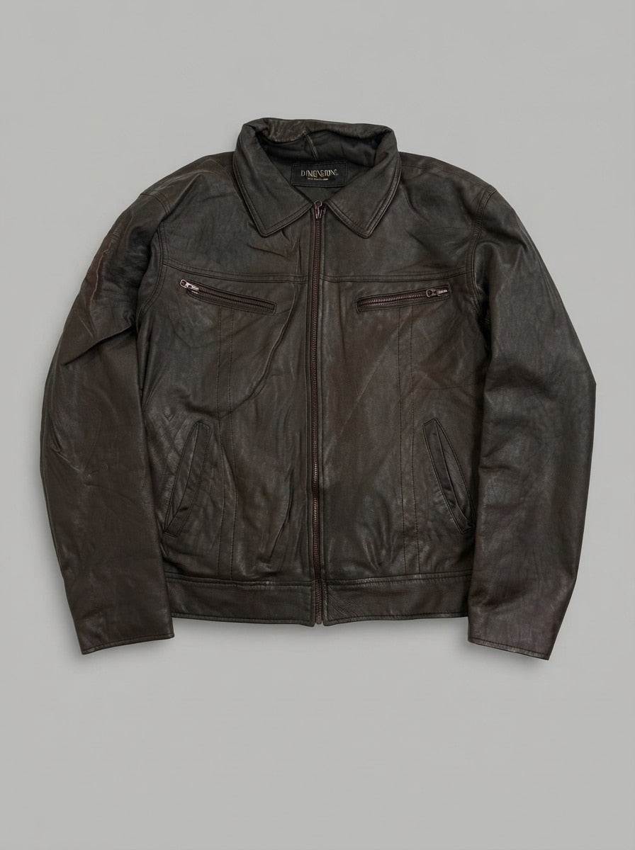 Brown leather trucker jacket, size L, shown flat from the front. Pointed shirt collar.
