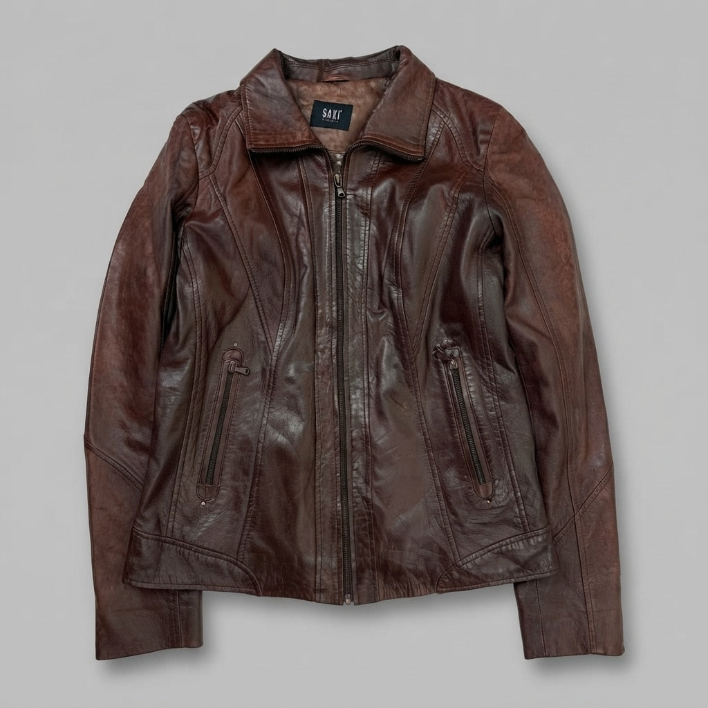 Burgundy leather vintage jacket, size S, shown flat from the front. Curved Panel Seams.