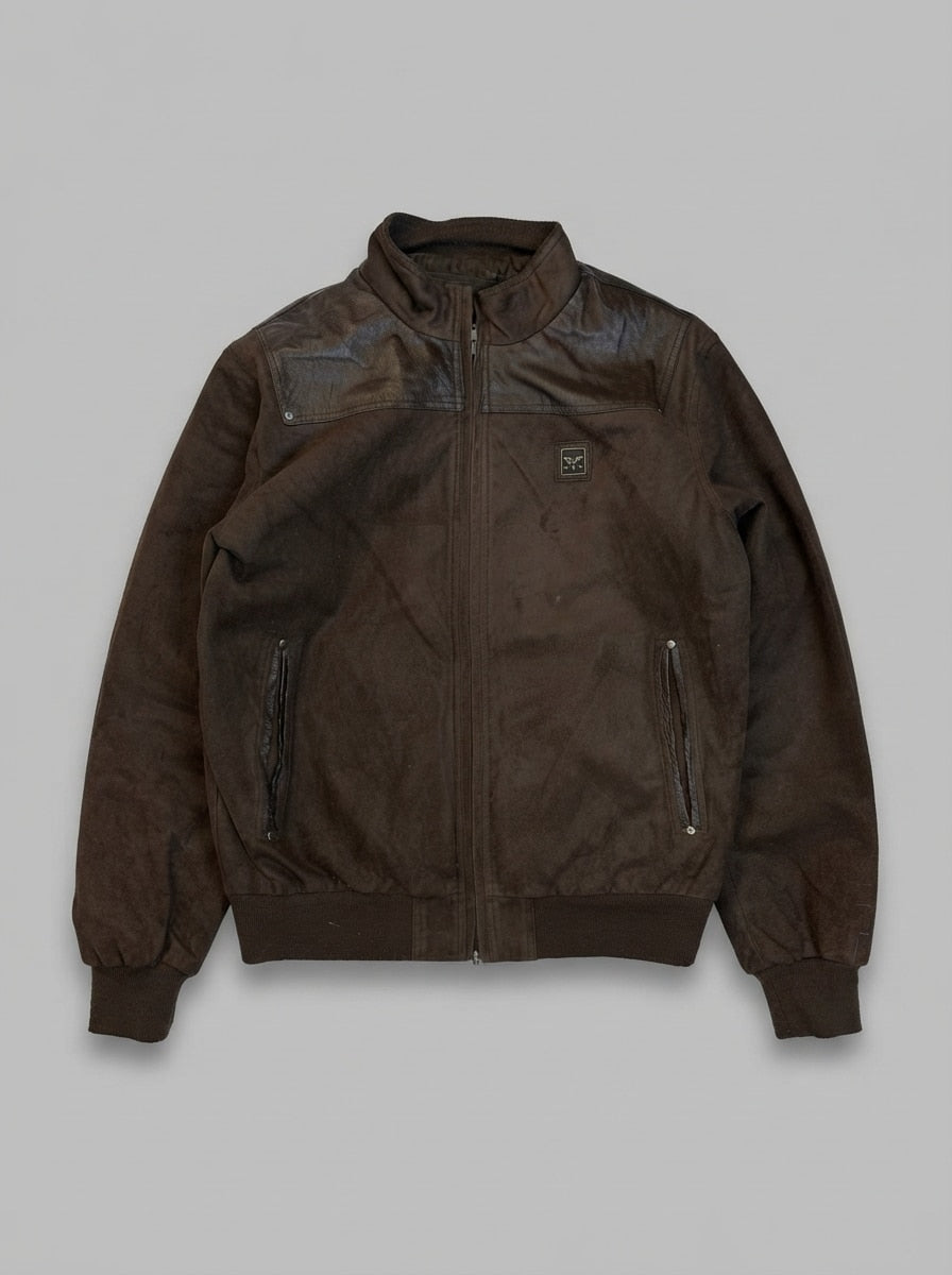 Brown leather cafe racer jacket, size L, shown flat from the front. Leather Shoulder Yoke.