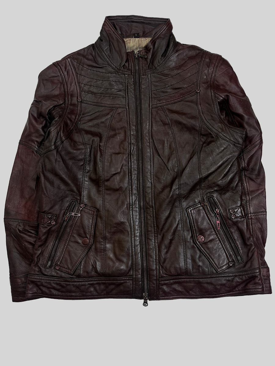 Burgundy leather cafe racer jacket, size M, shown flat from the front. Funnel Neck Collar.