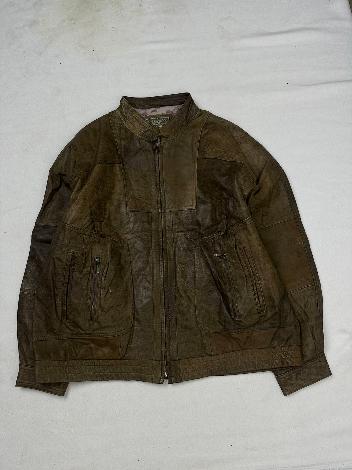 Front of the size L brown leather cafe racer jacket, laid flat and unedited
