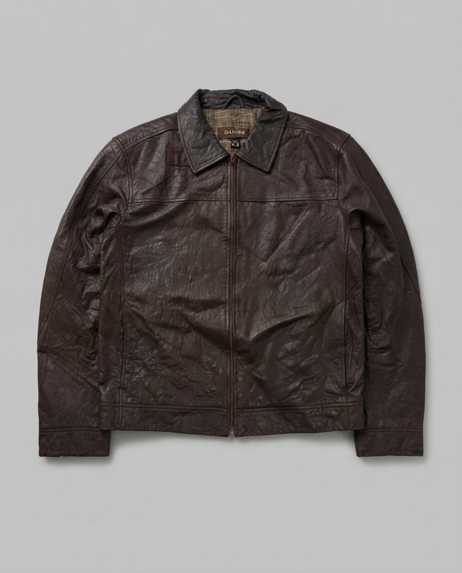 Brown leather vintage jacket, size L, shown flat from the front. Windowpane check lining.