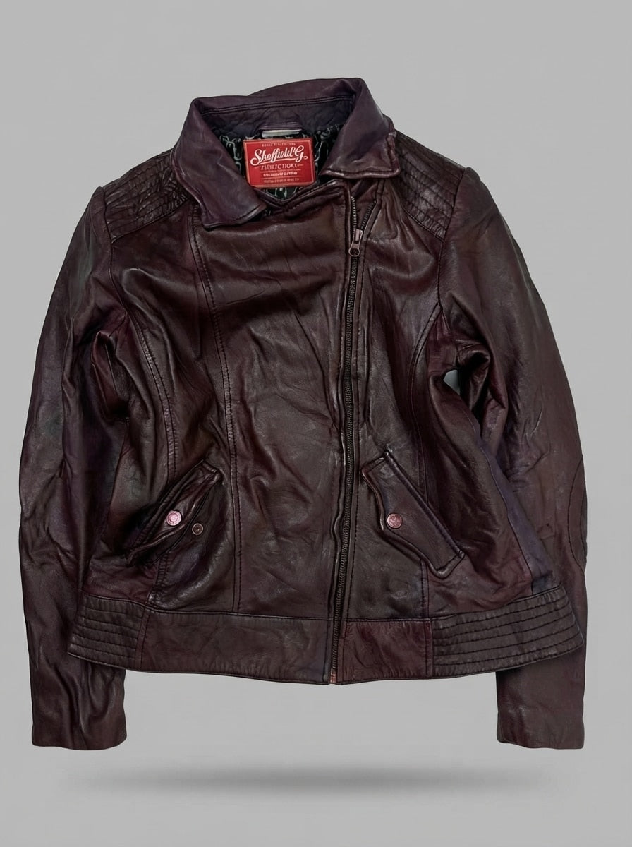 Burgundy leather biker jacket, size S, shown flat from the front. Stitched Rib Waistband.