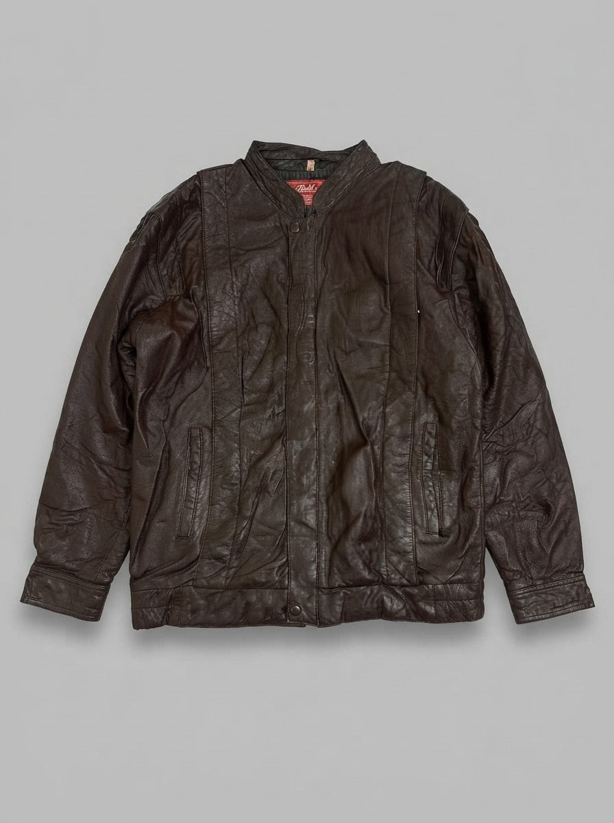 Brown leather vintage jacket, size L, shown flat from the front. Olive pinstripe lining.