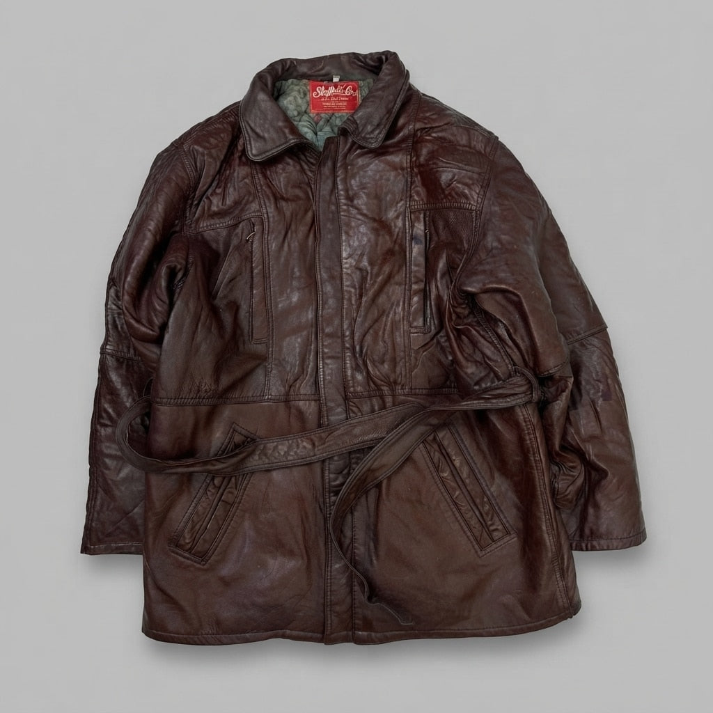 Burgundy leather vintage jacket, size M, shown flat from the front. Belted Waist.