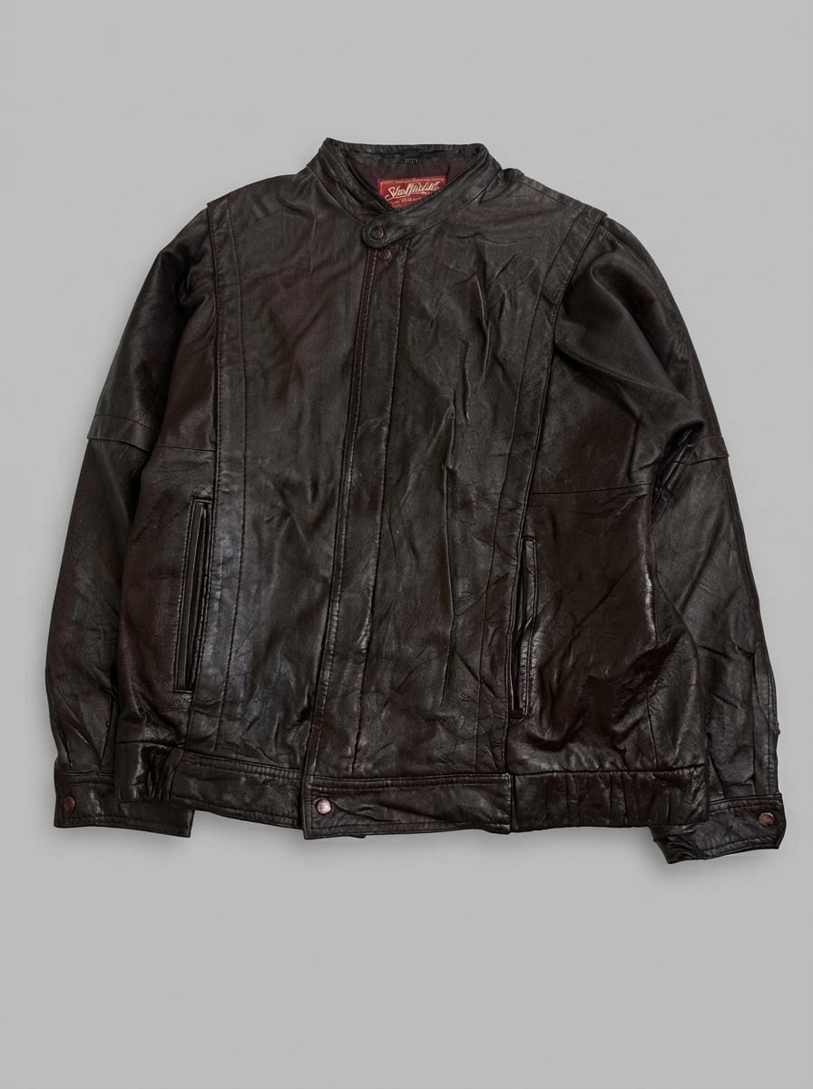 Brown leather cafe racer jacket, size L, shown flat from the front. Burgundy lining.