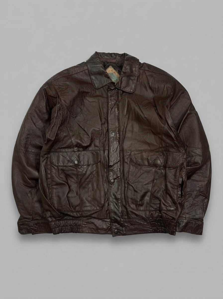 Burgundy leather trucker jacket, size L, shown flat from the front. Snap stud placket.