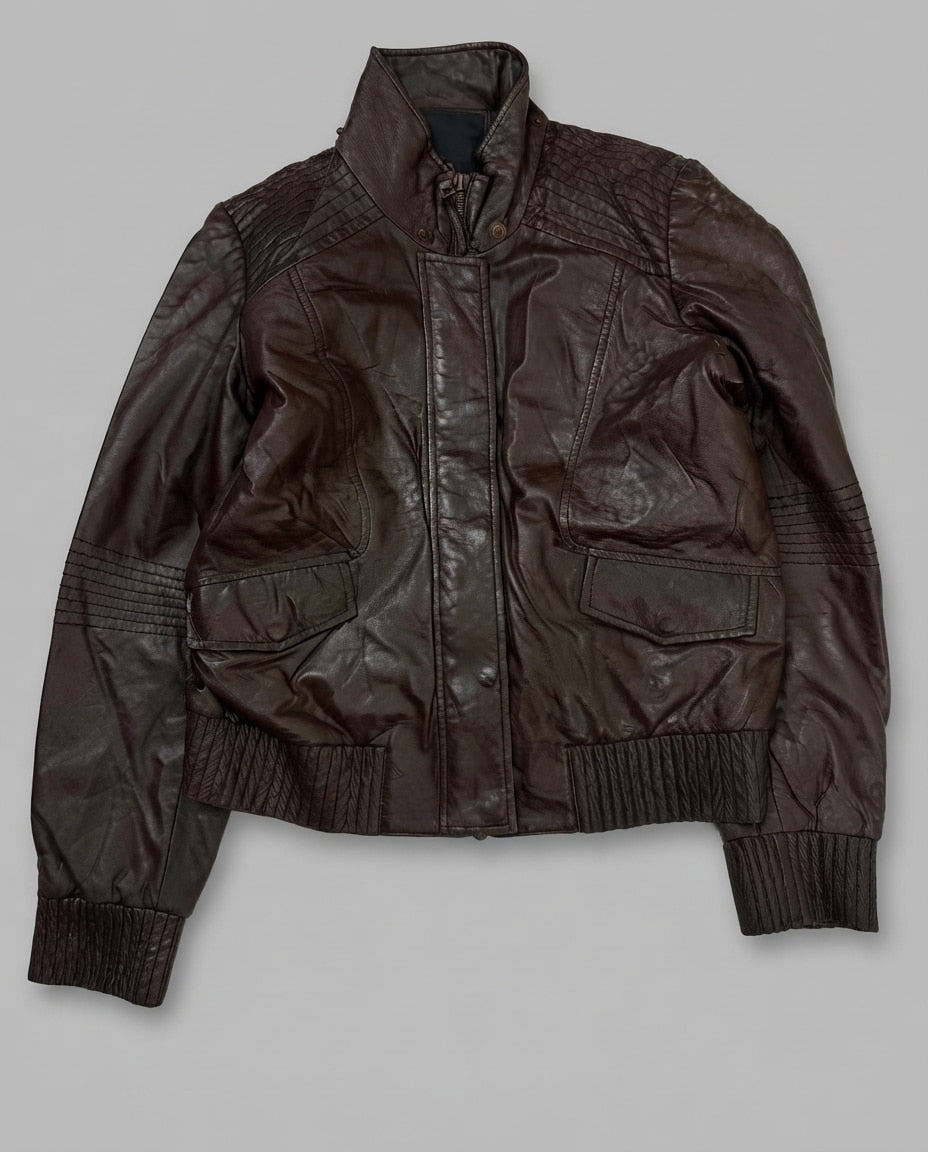 Burgundy leather flight jacket, size S, shown flat from the front. Quilted Shoulder Panels.