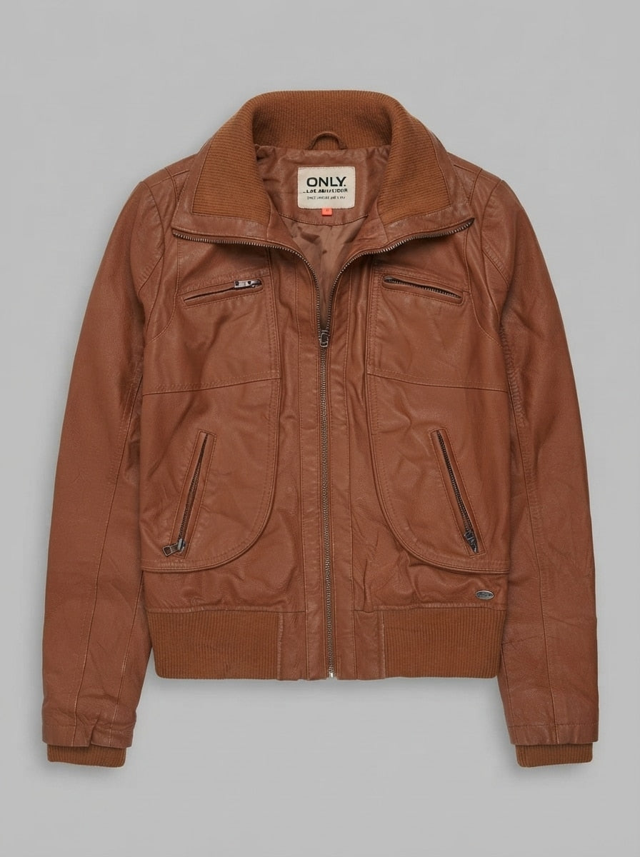 Brown leather bomber jacket, size L, shown flat from the front. Sleeve zip pocket.