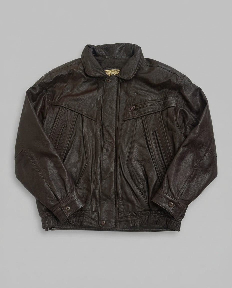 Brown leather harrington jacket, size XL, shown flat from the front. Brown quilted lining.