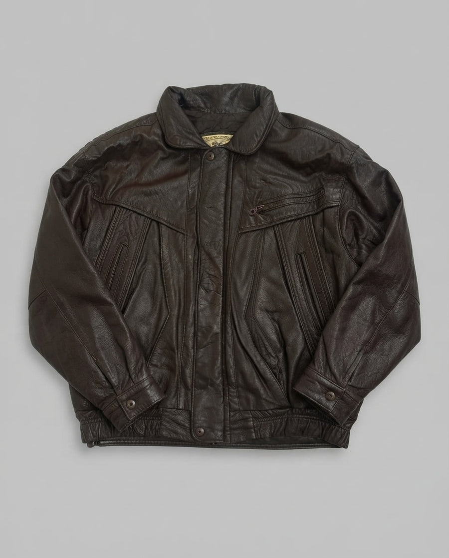 Brown leather harrington jacket, size XL, shown flat from the front. Brown quilted lining.