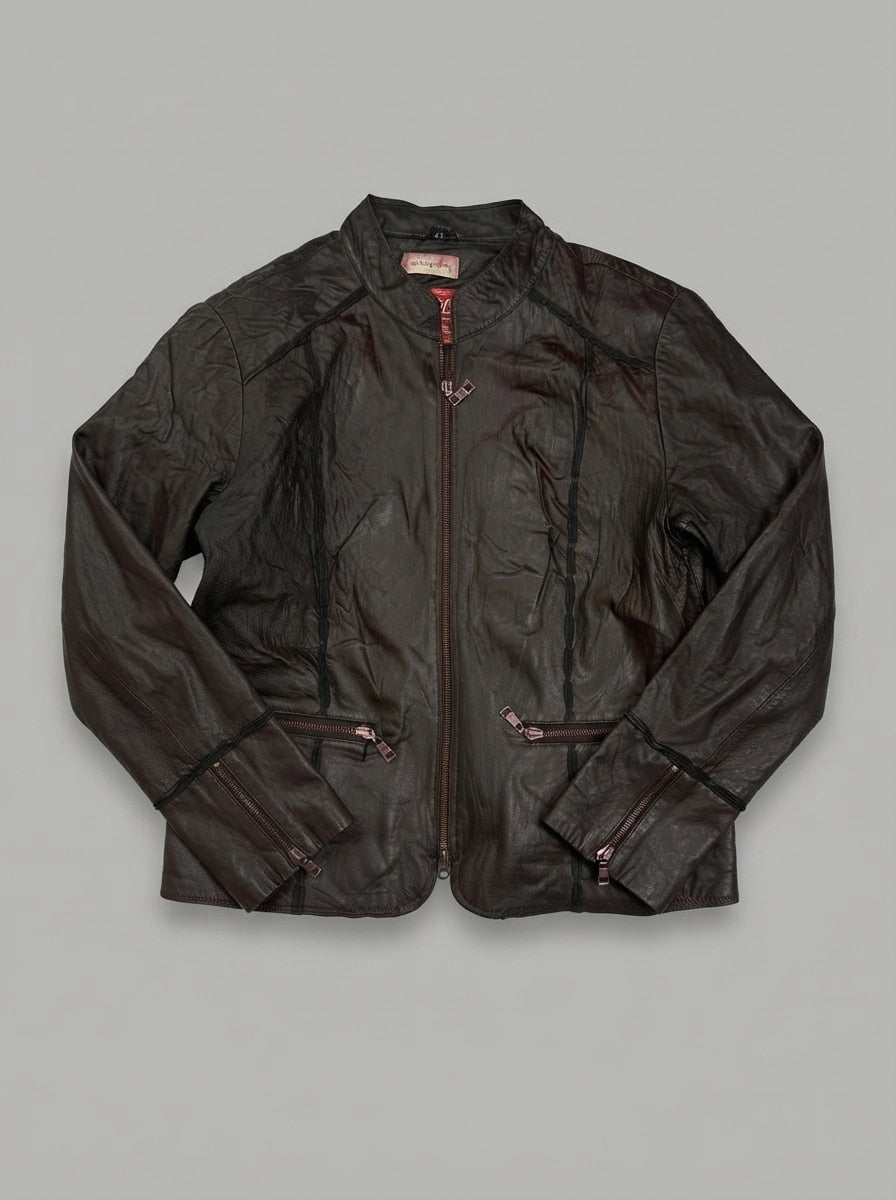 Brown leather cafe racer jacket, size S, shown flat from the front. Contrast Piped Seams.
