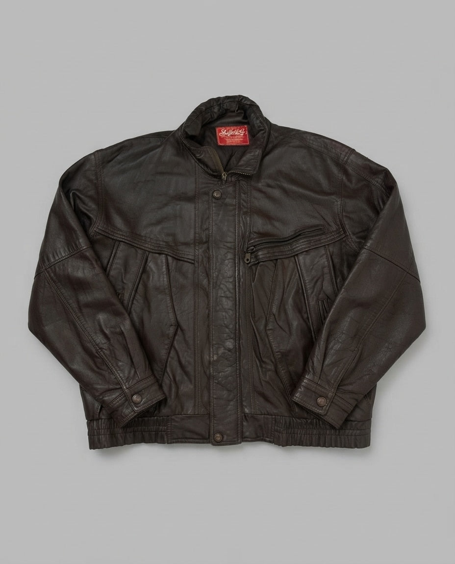 Brown leather flight jacket, size XL, shown flat from the front. Pleated Blouson Front.