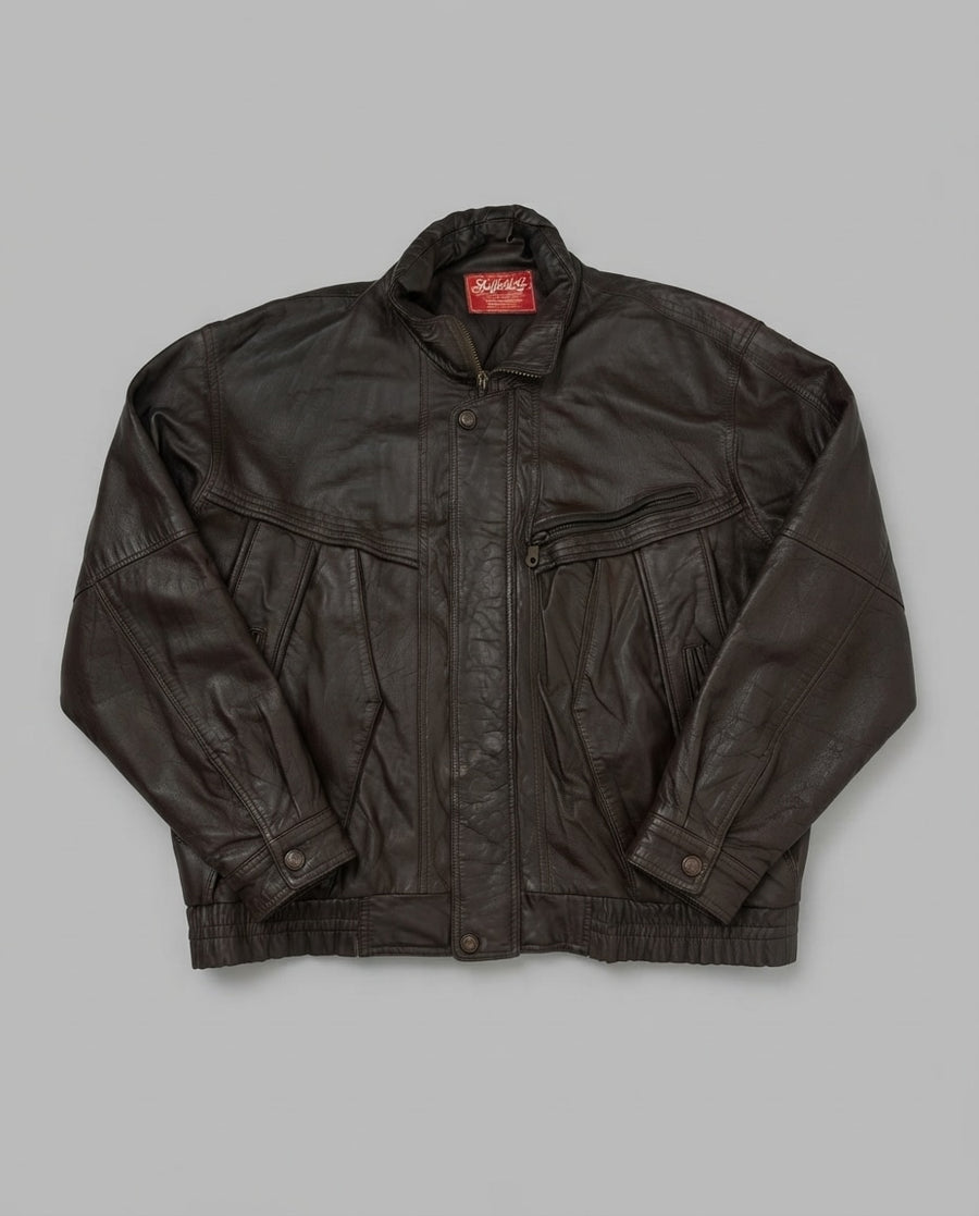 Brown leather flight jacket, size XL, shown flat from the front. Pleated Blouson Front.