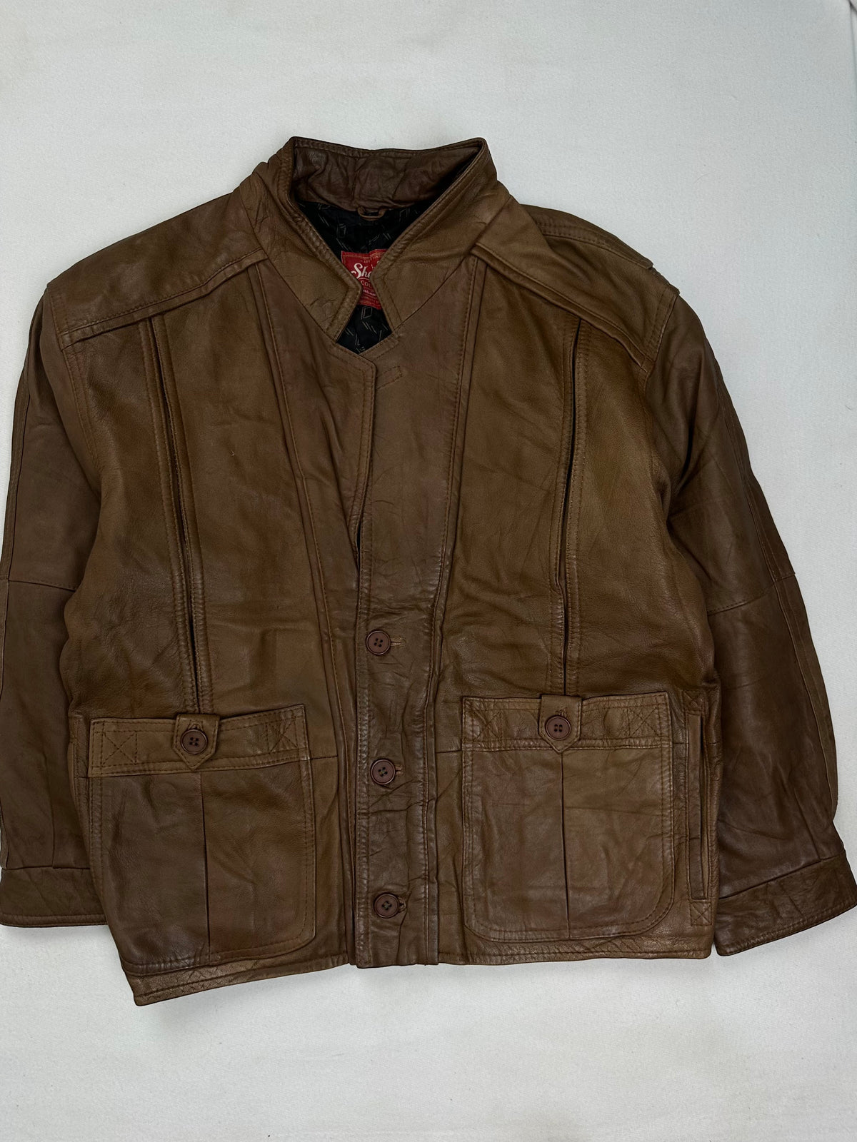 Back of the size L brown vintage jacket laid flat